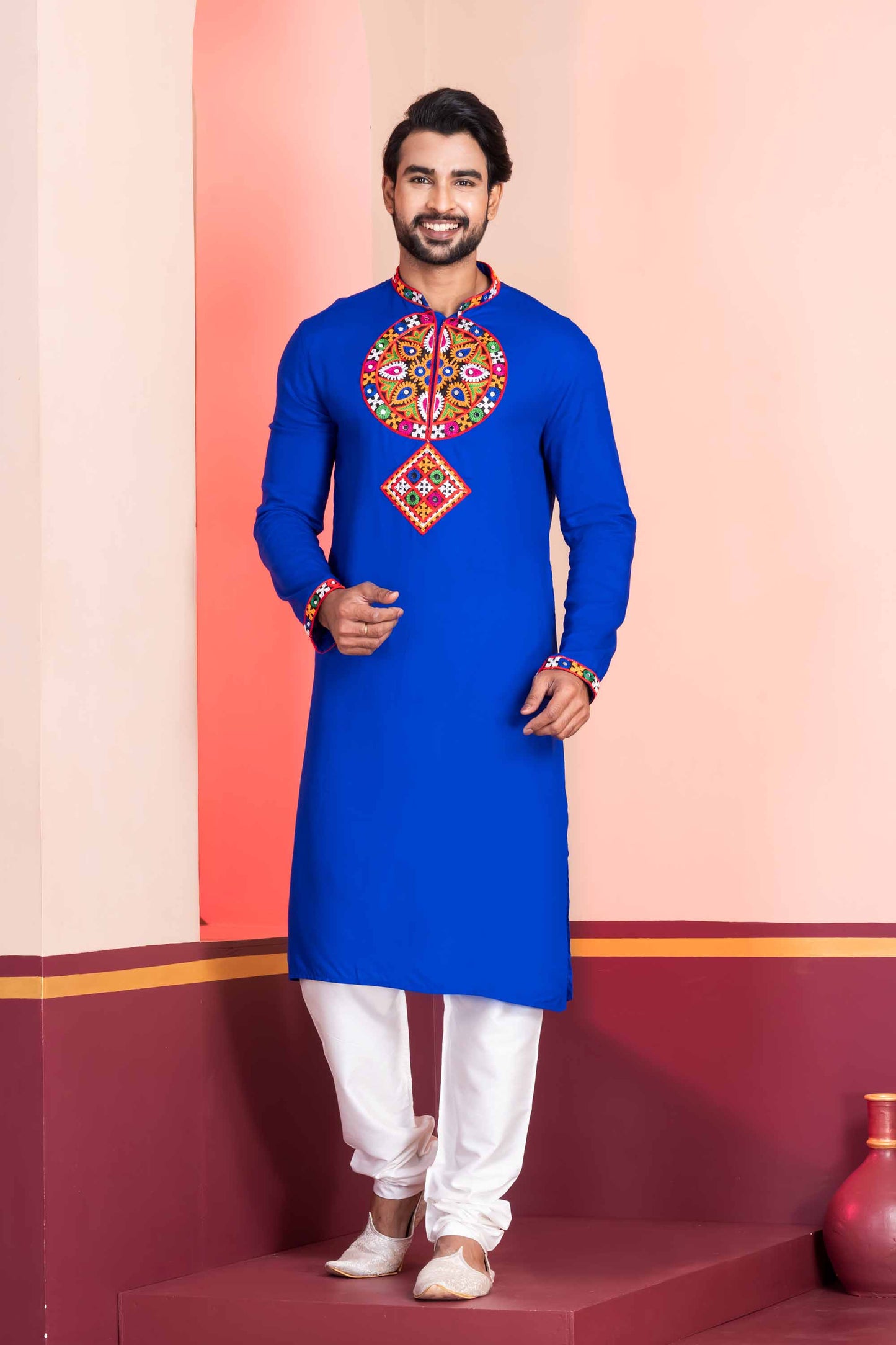 Blue Embroidered Rayon Kurta Pajama Set for Men with Multicolor Mirror Work