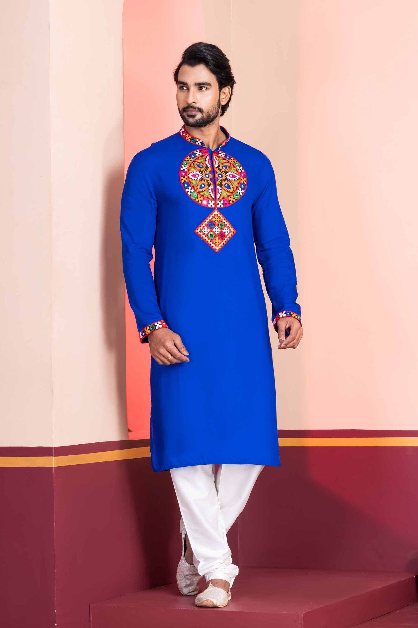 Blue Embroidered Rayon Kurta Pajama Set for Men with Multicolor Mirror Work