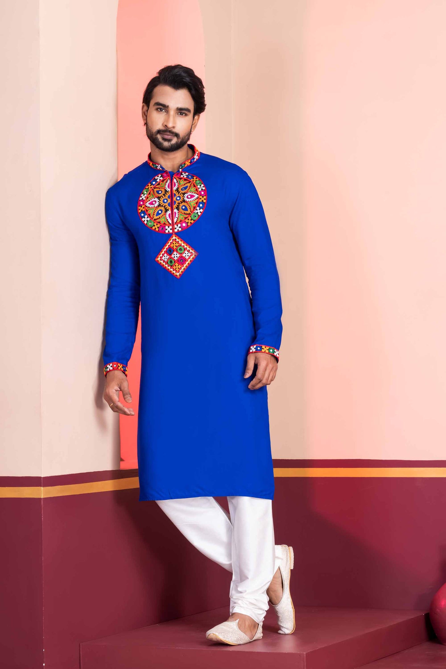 Blue Embroidered Rayon Kurta Pajama Set for Men with Multicolor Mirror Work