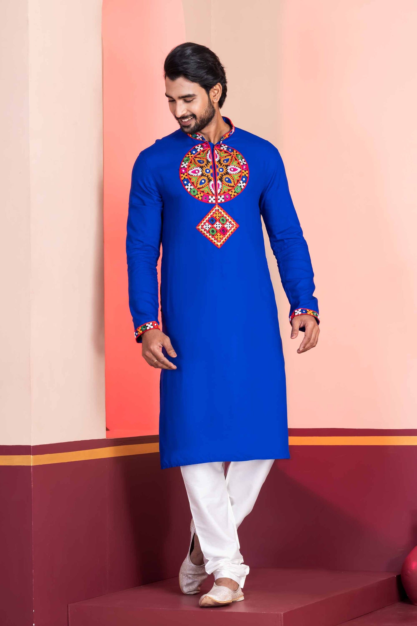 Blue Embroidered Rayon Kurta Pajama Set for Men with Multicolor Mirror Work