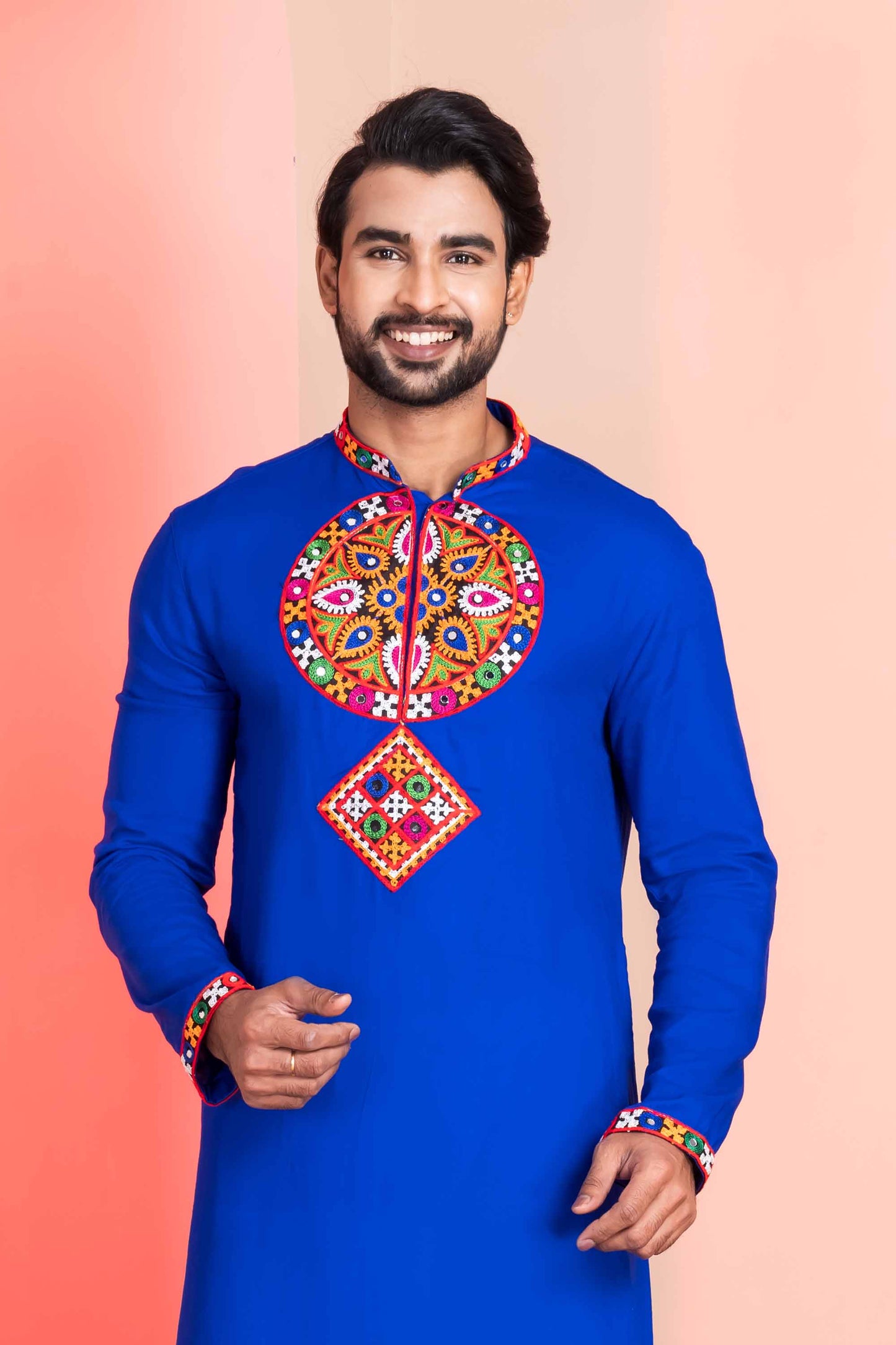 Blue Embroidered Rayon Kurta Pajama Set for Men with Multicolor Mirror Work