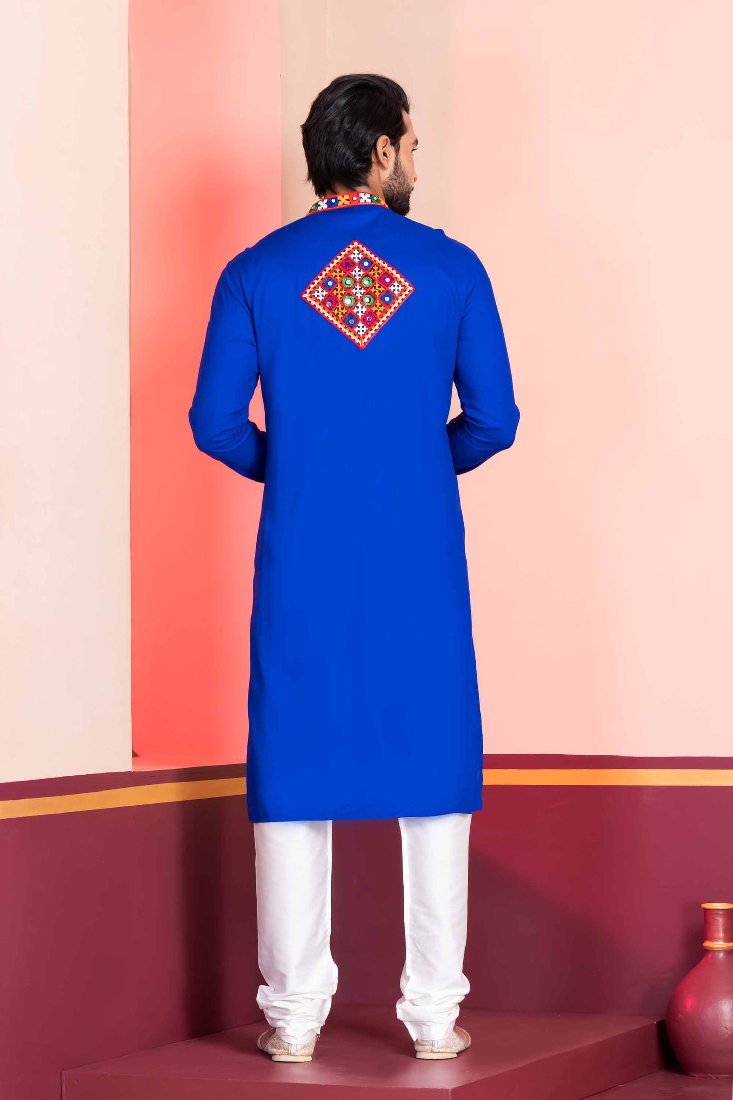Blue Embroidered Rayon Kurta Pajama Set for Men with Multicolor Mirror Work