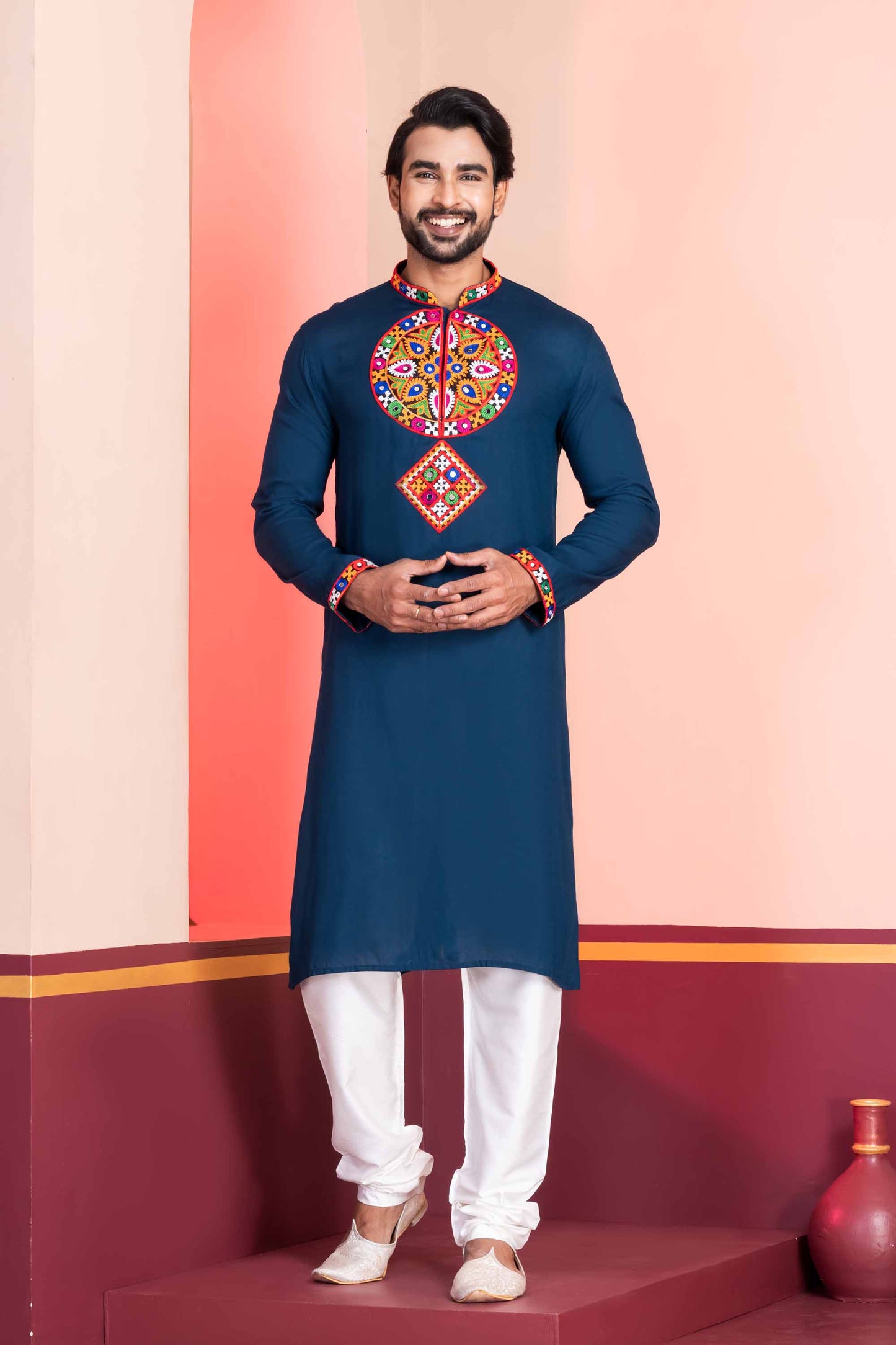 Navy Blue Embroidered Rayon Kurta Pajama Set for Men with Multicolor Mirror Work