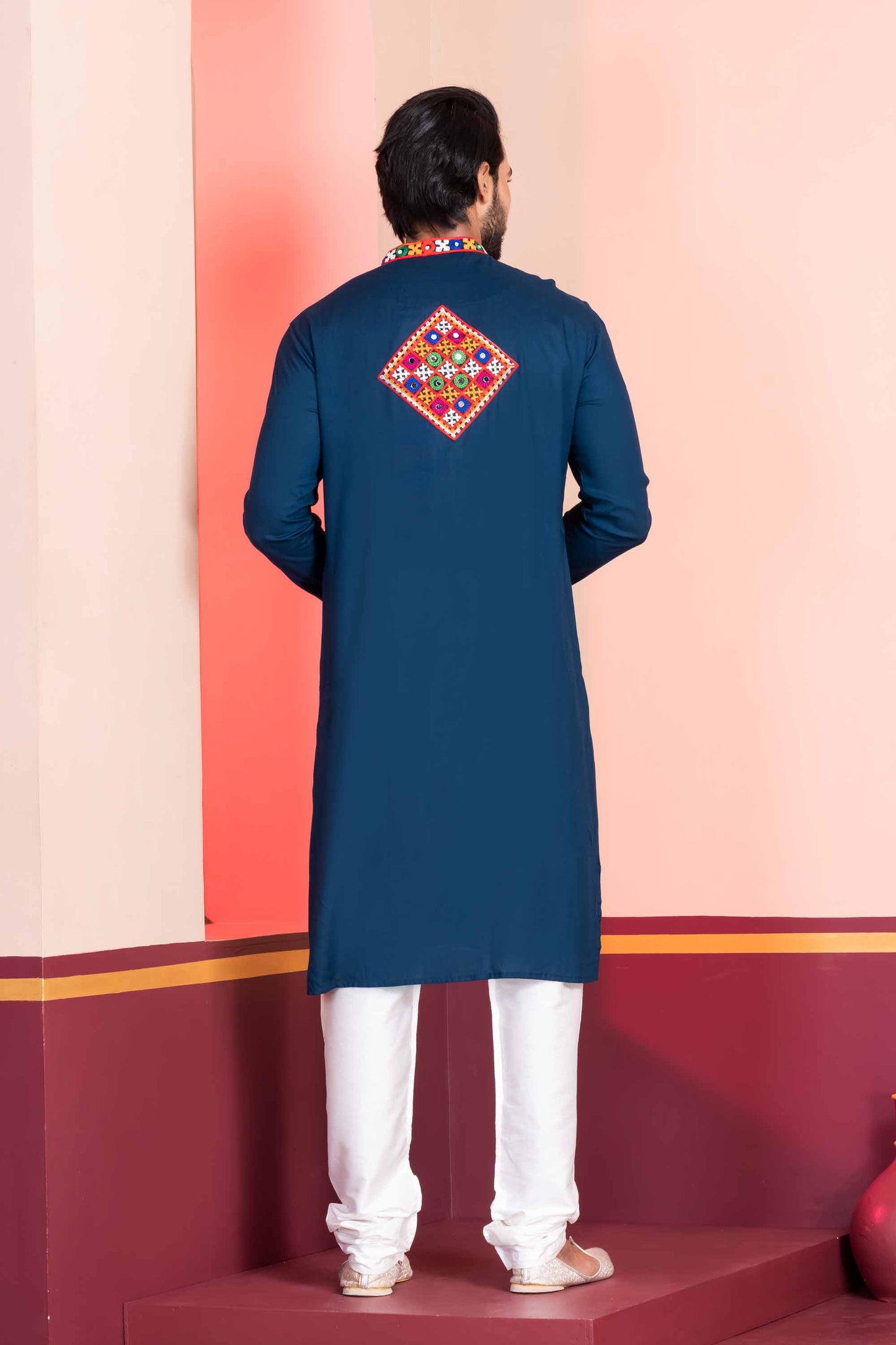 Navy Blue Embroidered Rayon Kurta Pajama Set for Men with Multicolor Mirror Work