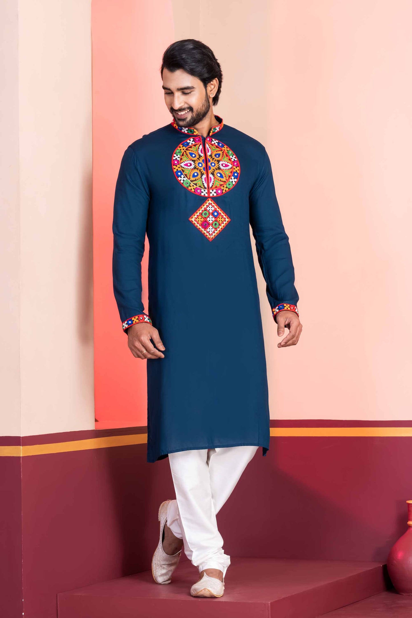 Navy Blue Embroidered Rayon Kurta Pajama Set for Men with Multicolor Mirror Work