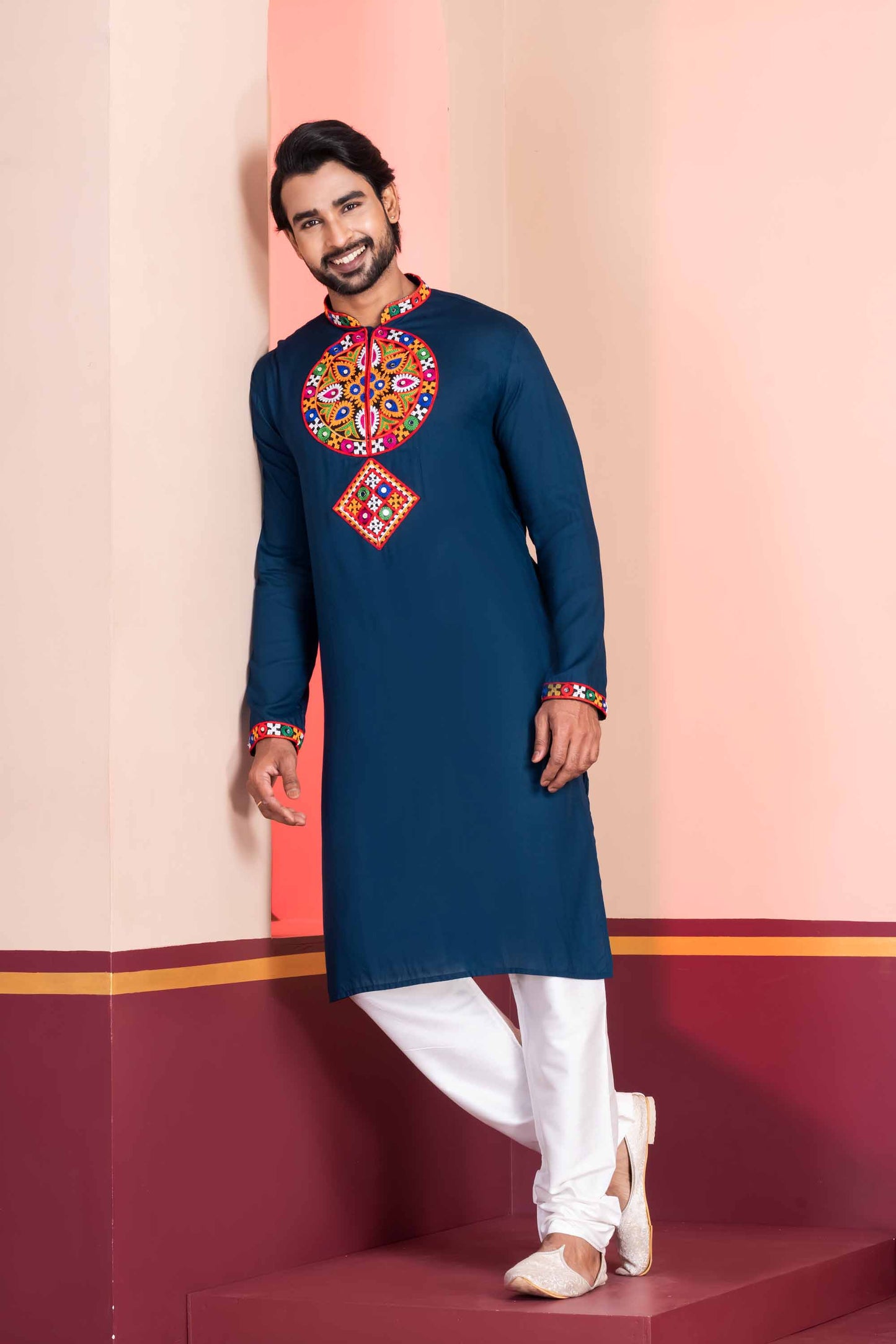 Navy Blue Embroidered Rayon Kurta Pajama Set for Men with Multicolor Mirror Work