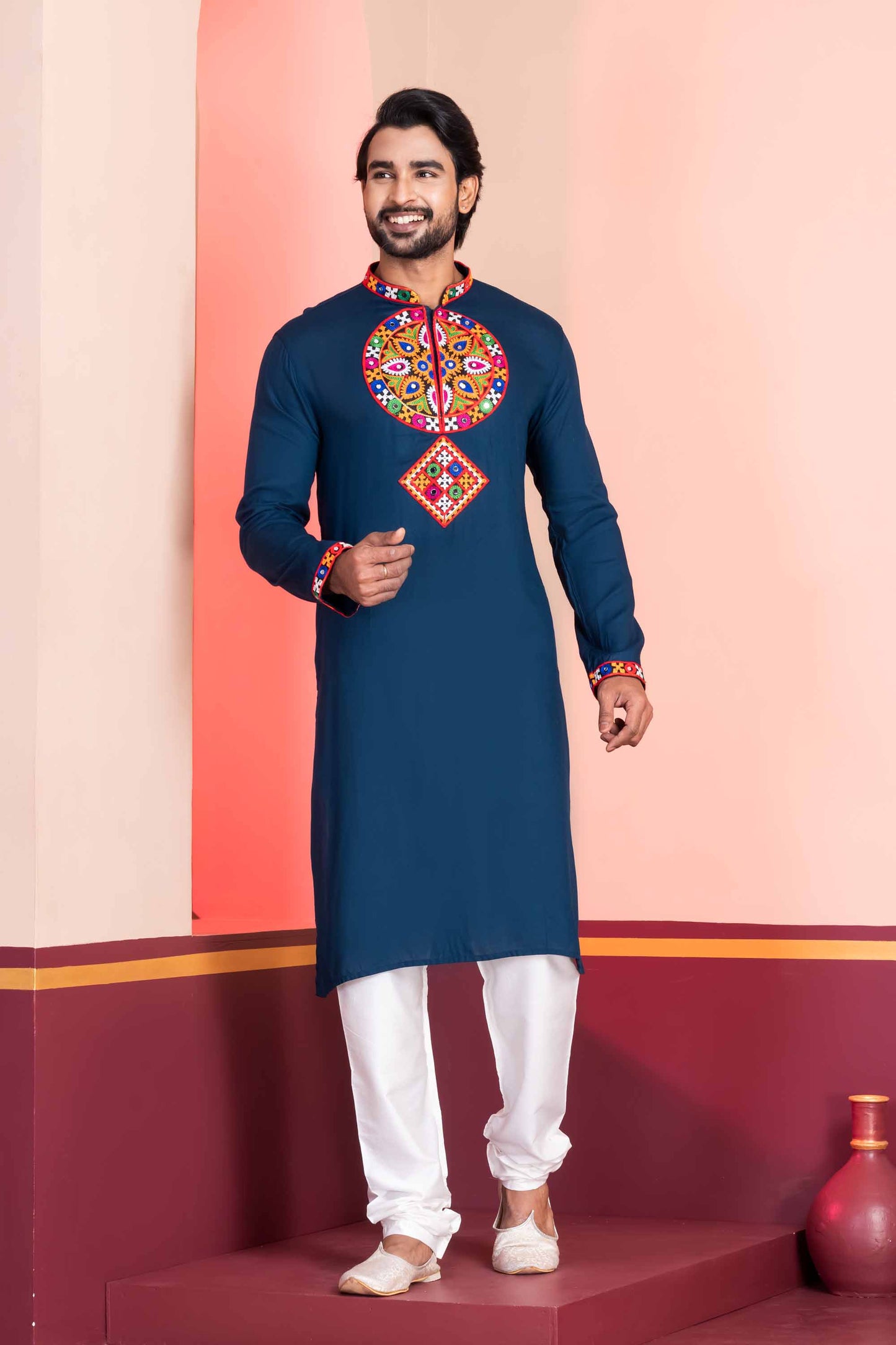 Navy Blue Embroidered Rayon Kurta Pajama Set for Men with Multicolor Mirror Work
