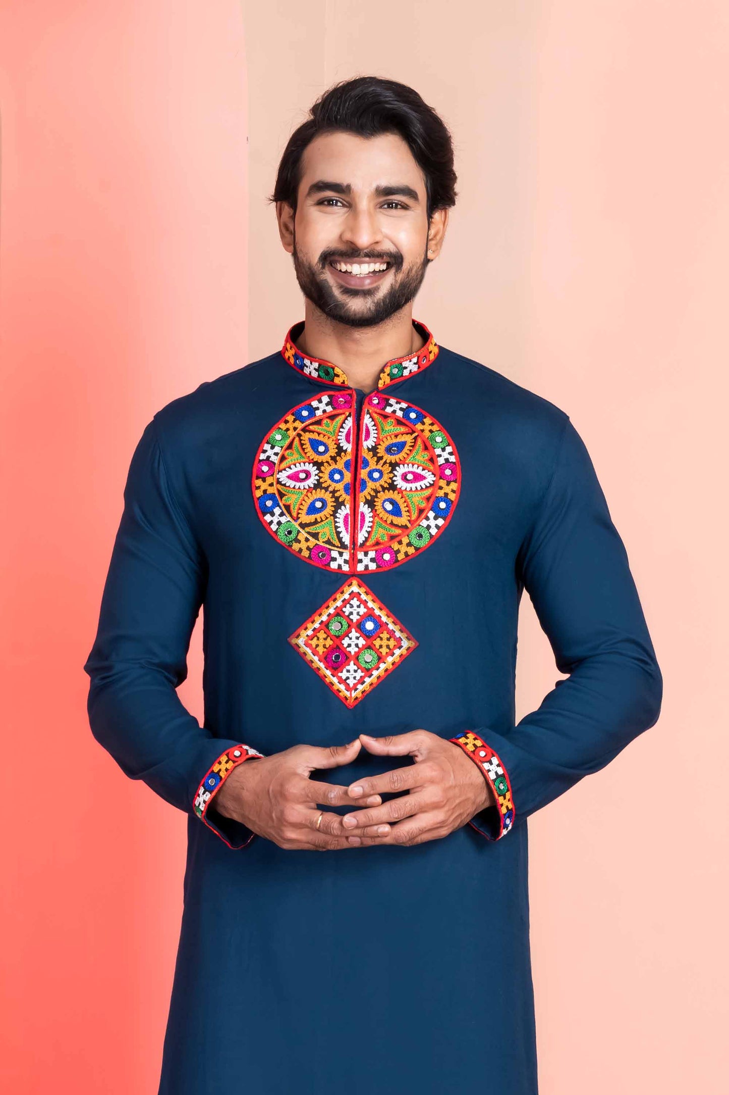 Navy Blue Embroidered Rayon Kurta Pajama Set for Men with Multicolor Mirror Work