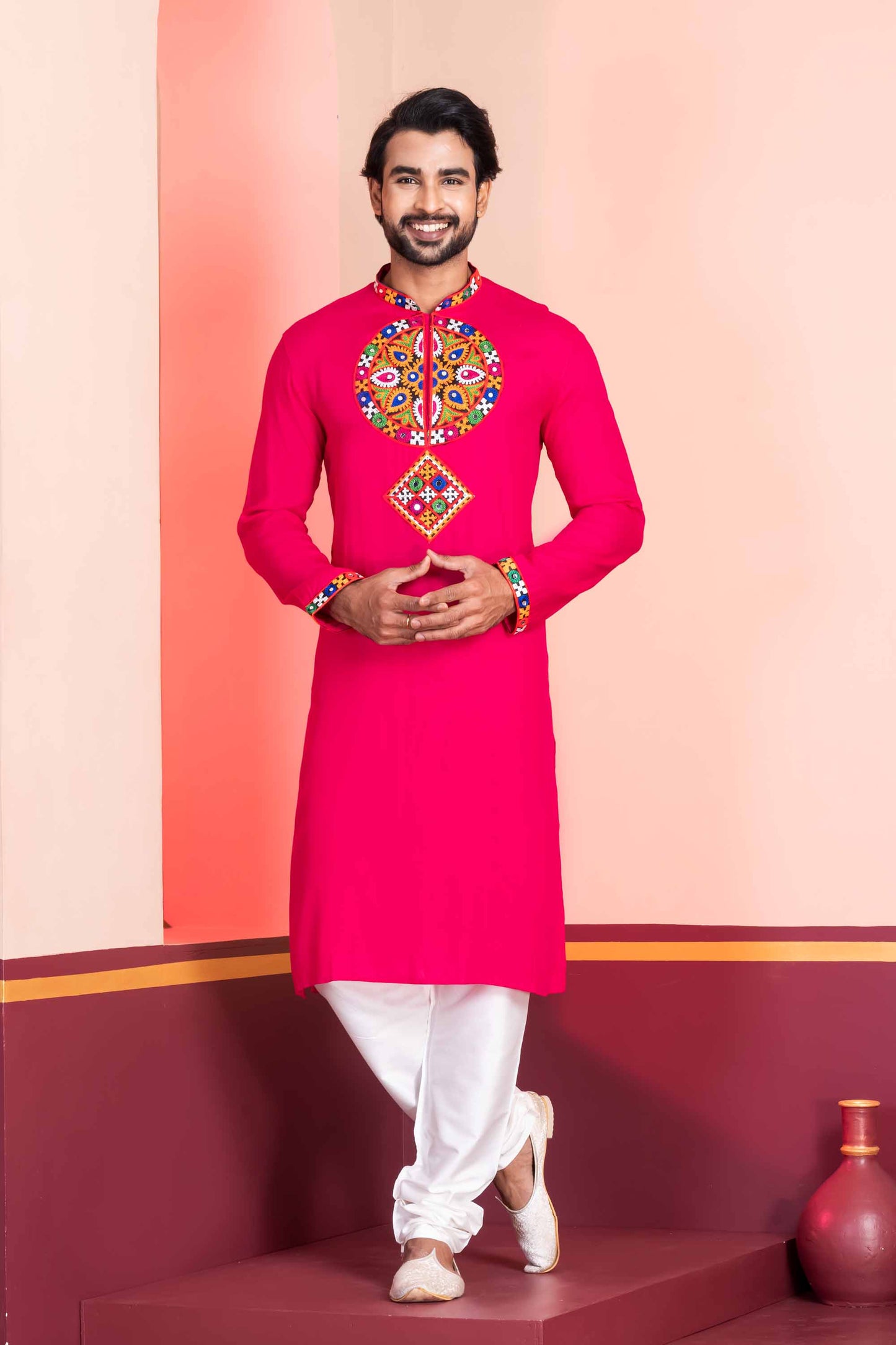 Pink Embroidered Rayon Kurta Pajama Set for Men with Multicolor Mirror Work