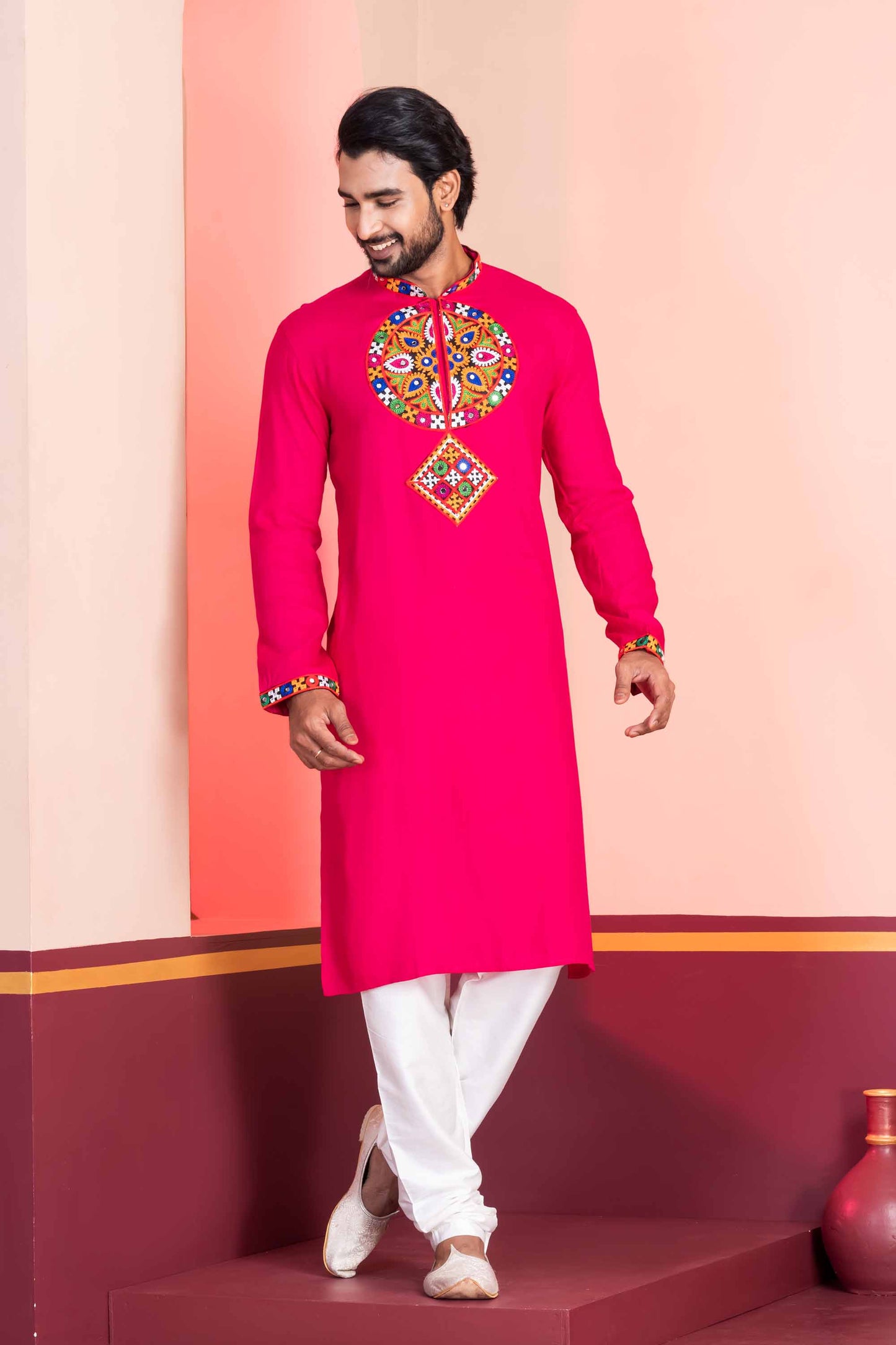 Pink Embroidered Rayon Kurta Pajama Set for Men with Multicolor Mirror Work