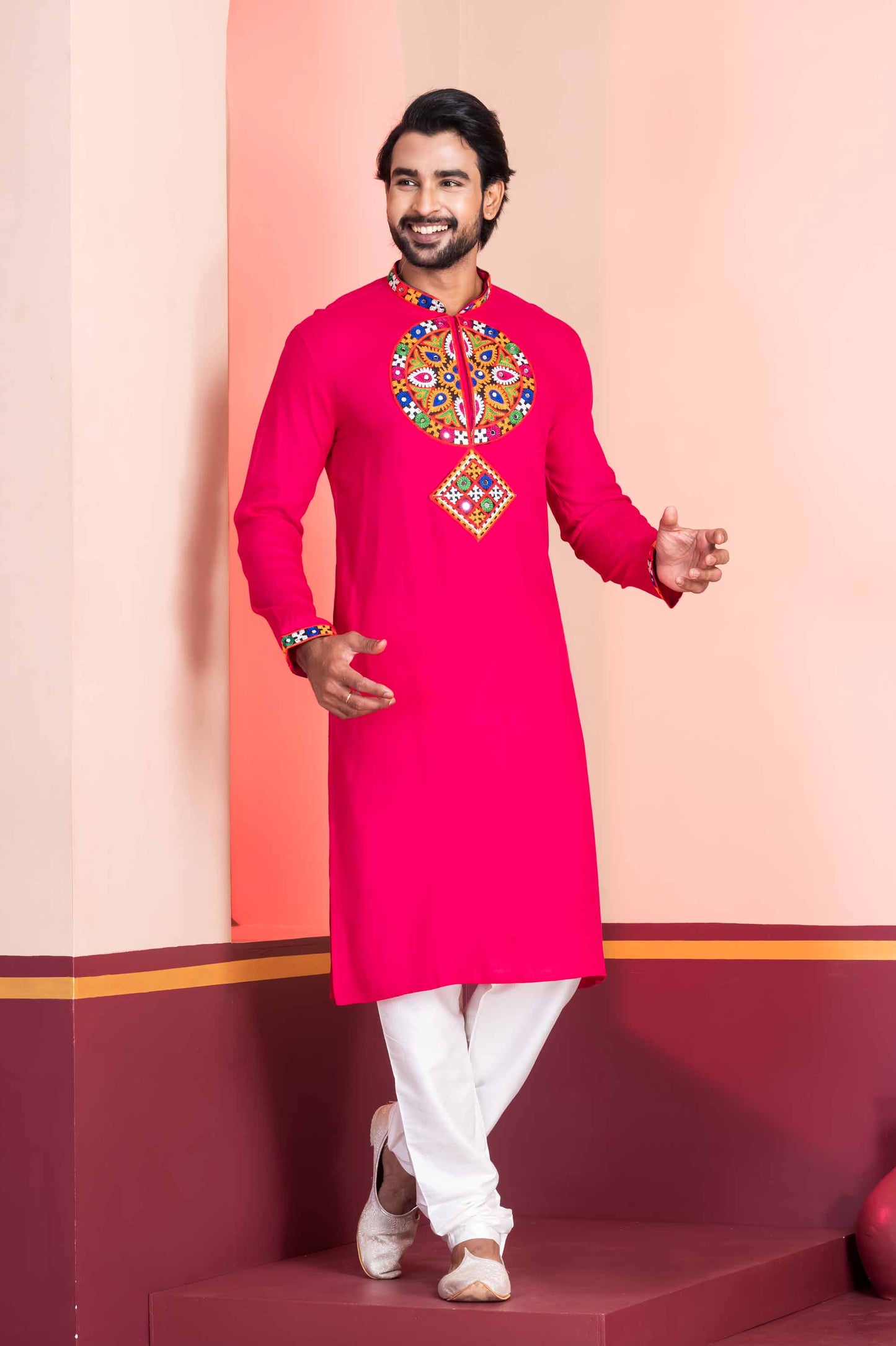 Pink Embroidered Rayon Kurta Pajama Set for Men with Multicolor Mirror Work