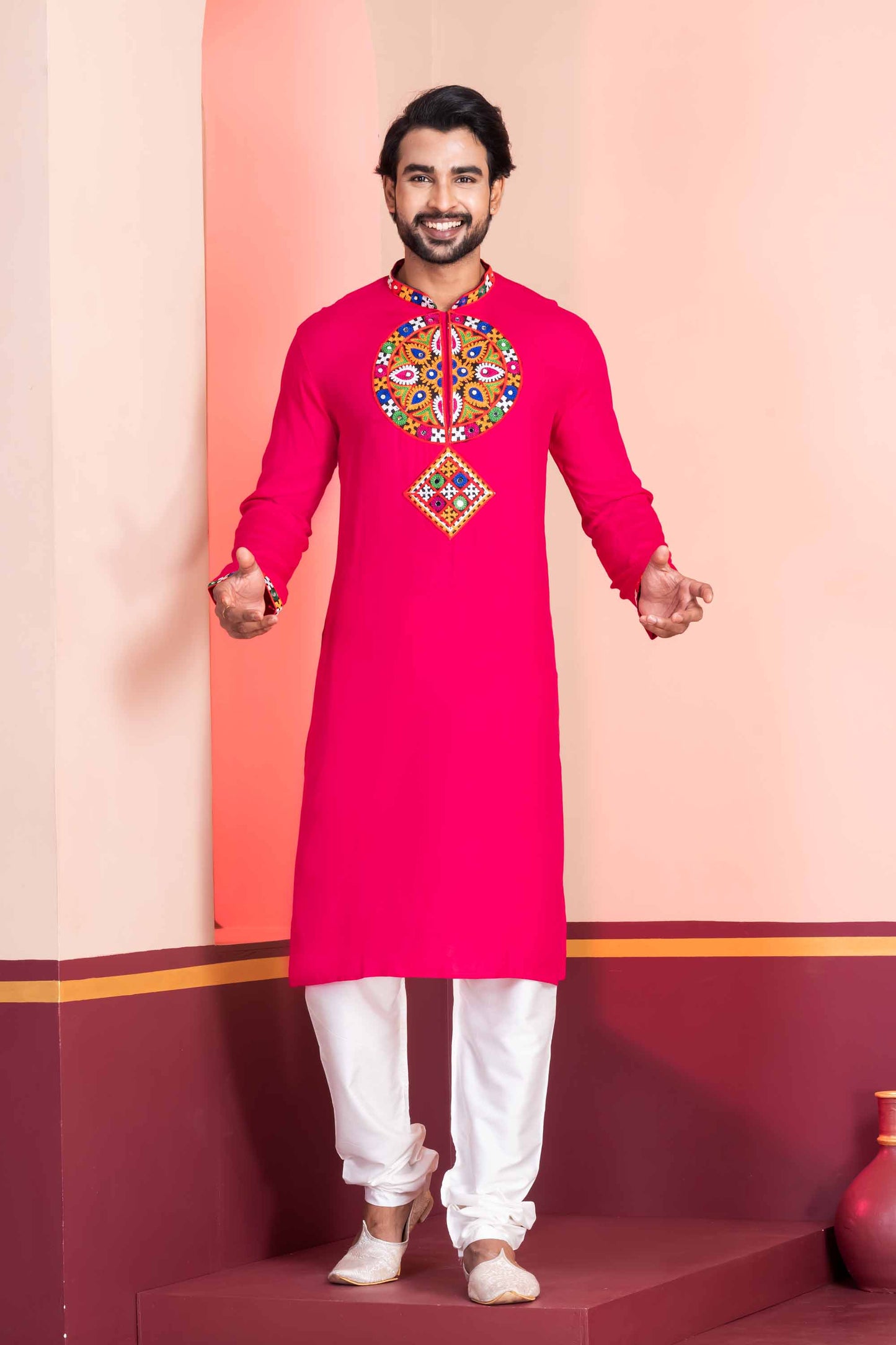Pink Embroidered Rayon Kurta Pajama Set for Men with Multicolor Mirror Work