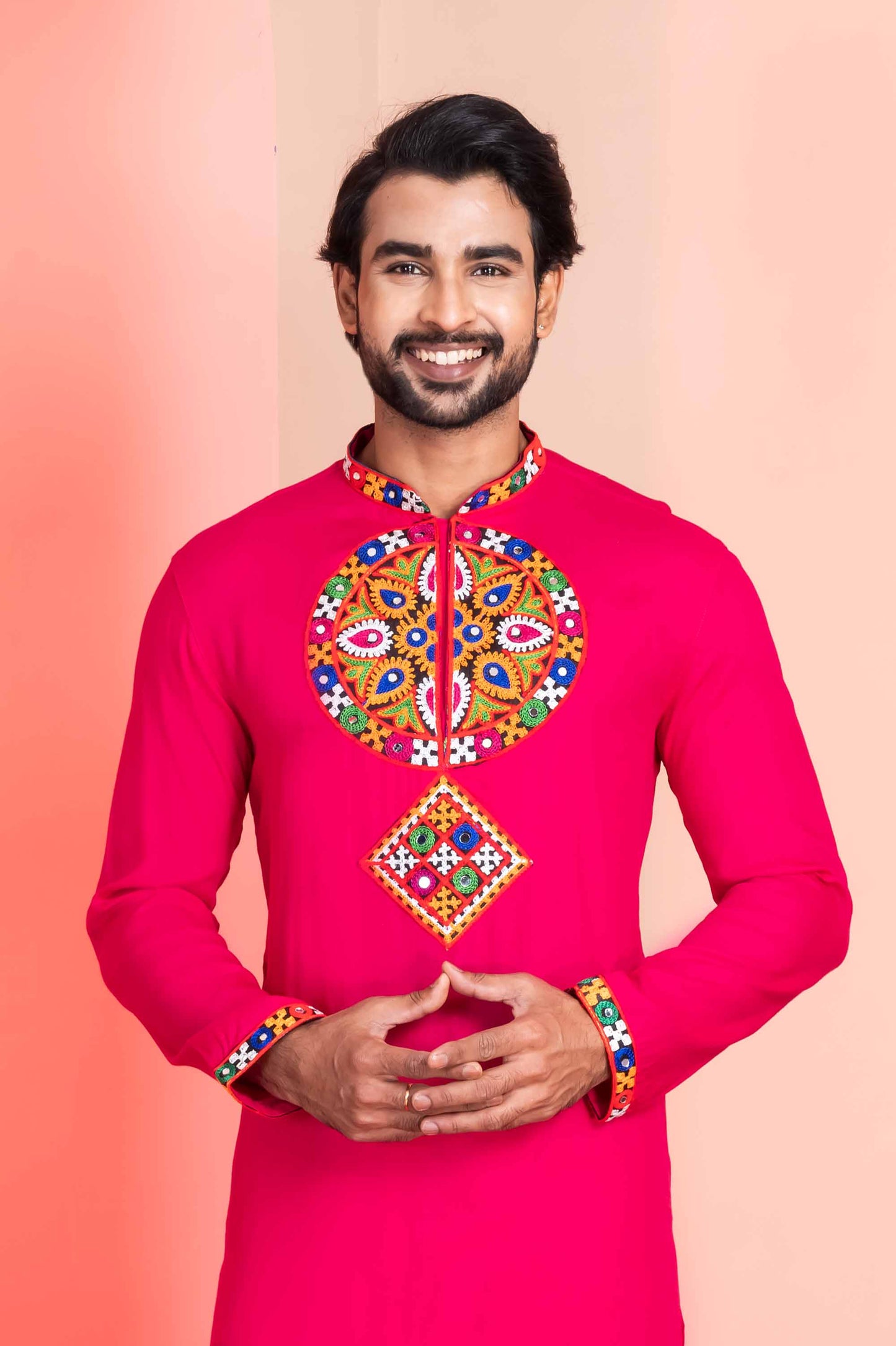 Pink Embroidered Rayon Kurta Pajama Set for Men with Multicolor Mirror Work