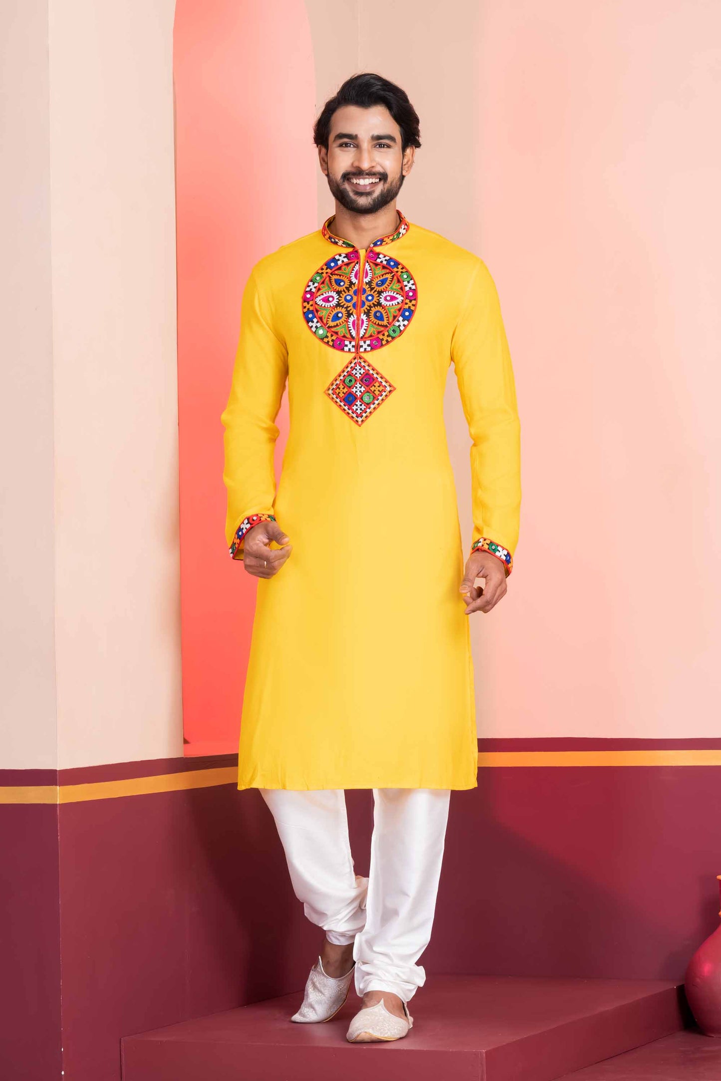 Yellow Embroidered Rayon Kurta Pajama Set for Men with Multicolor Mirror Work
