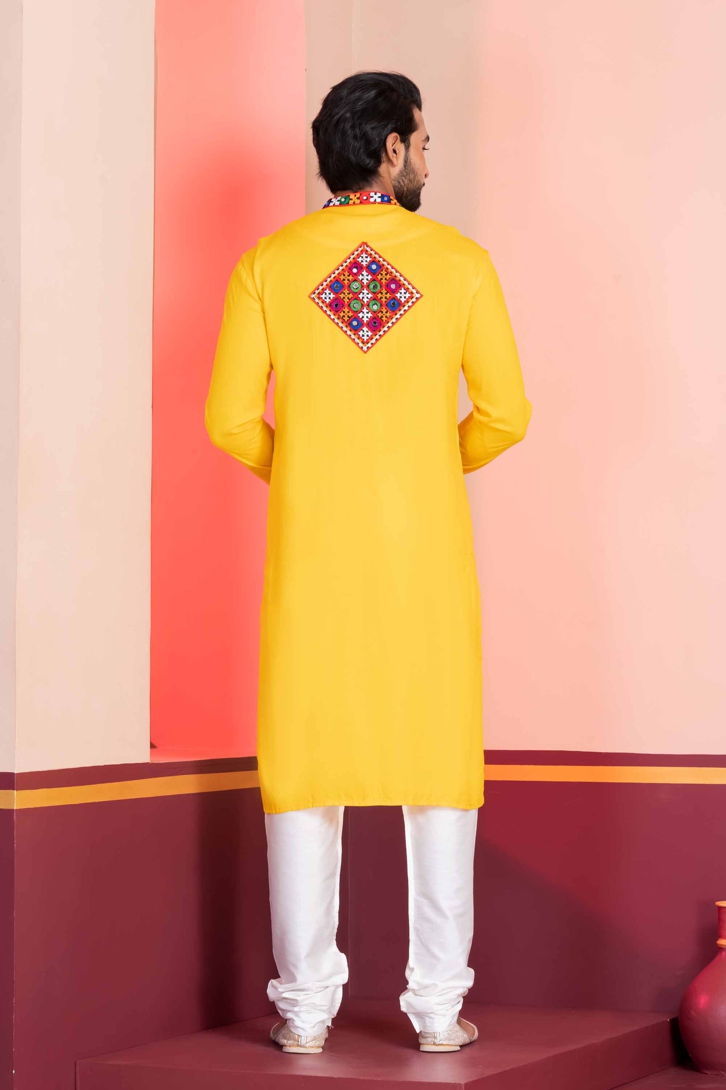Yellow Embroidered Rayon Kurta Pajama Set for Men with Multicolor Mirror Work