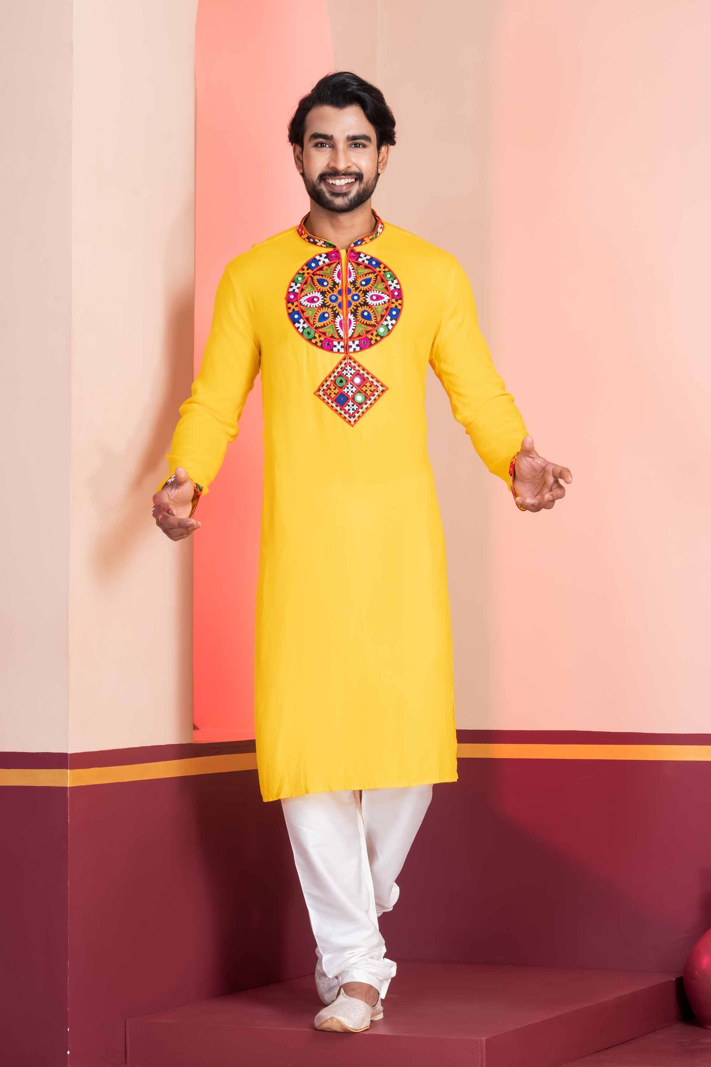 Yellow Embroidered Rayon Kurta Pajama Set for Men with Multicolor Mirror Work