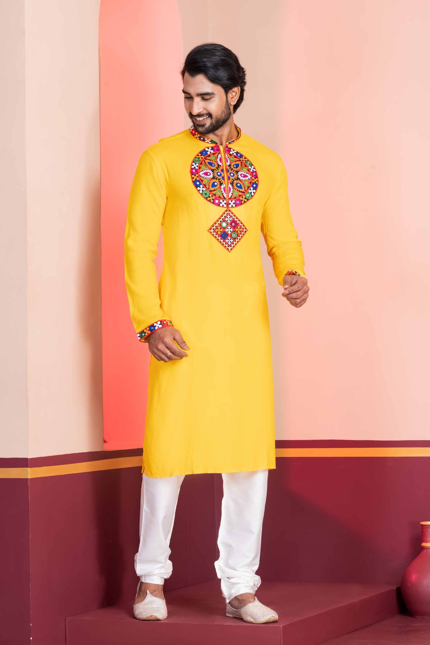 Yellow Embroidered Rayon Kurta Pajama Set for Men with Multicolor Mirror Work