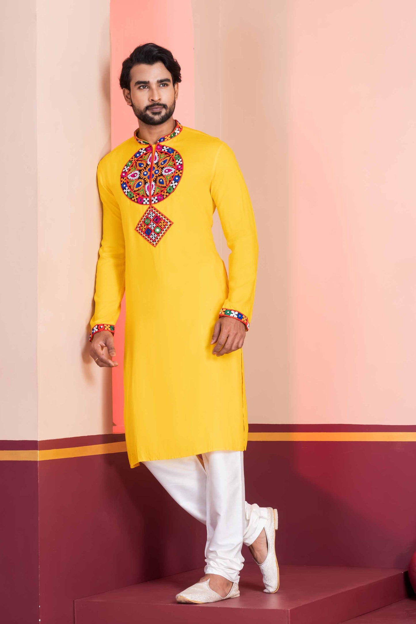 Yellow Embroidered Rayon Kurta Pajama Set for Men with Multicolor Mirror Work
