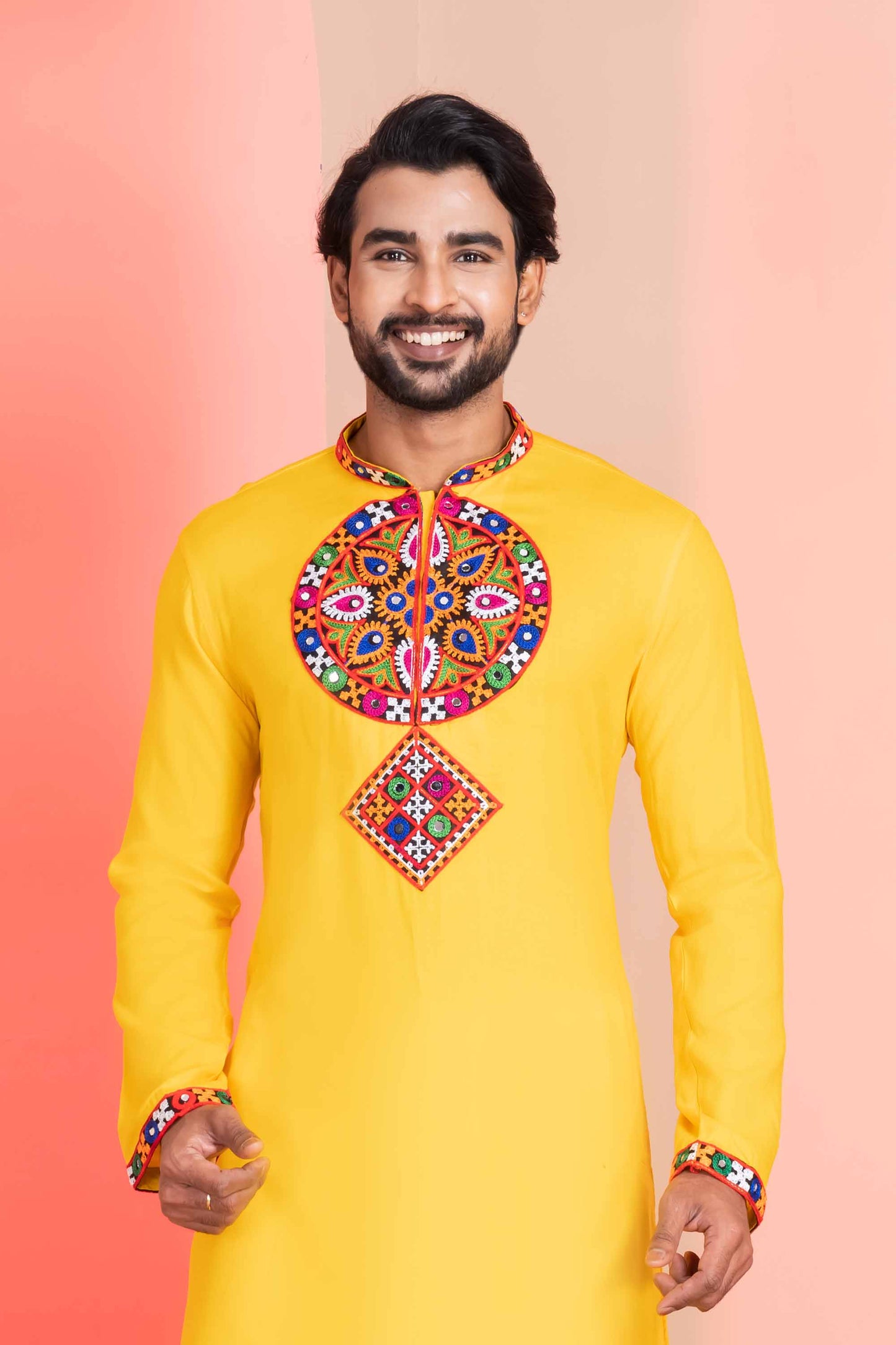 Yellow Embroidered Rayon Kurta Pajama Set for Men with Multicolor Mirror Work