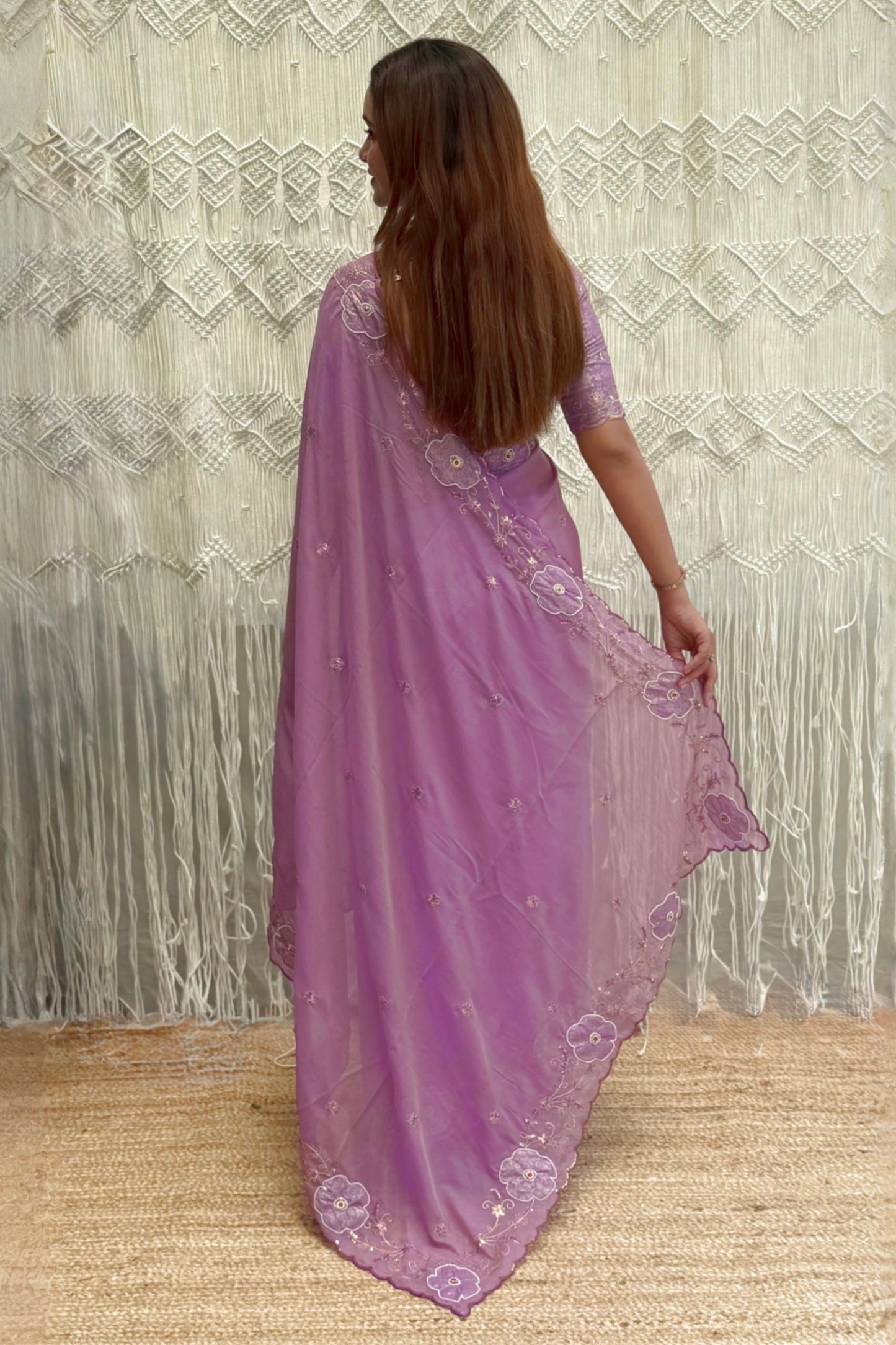 Lavender Organza Saree with Floral Embroidery Designer Blouse