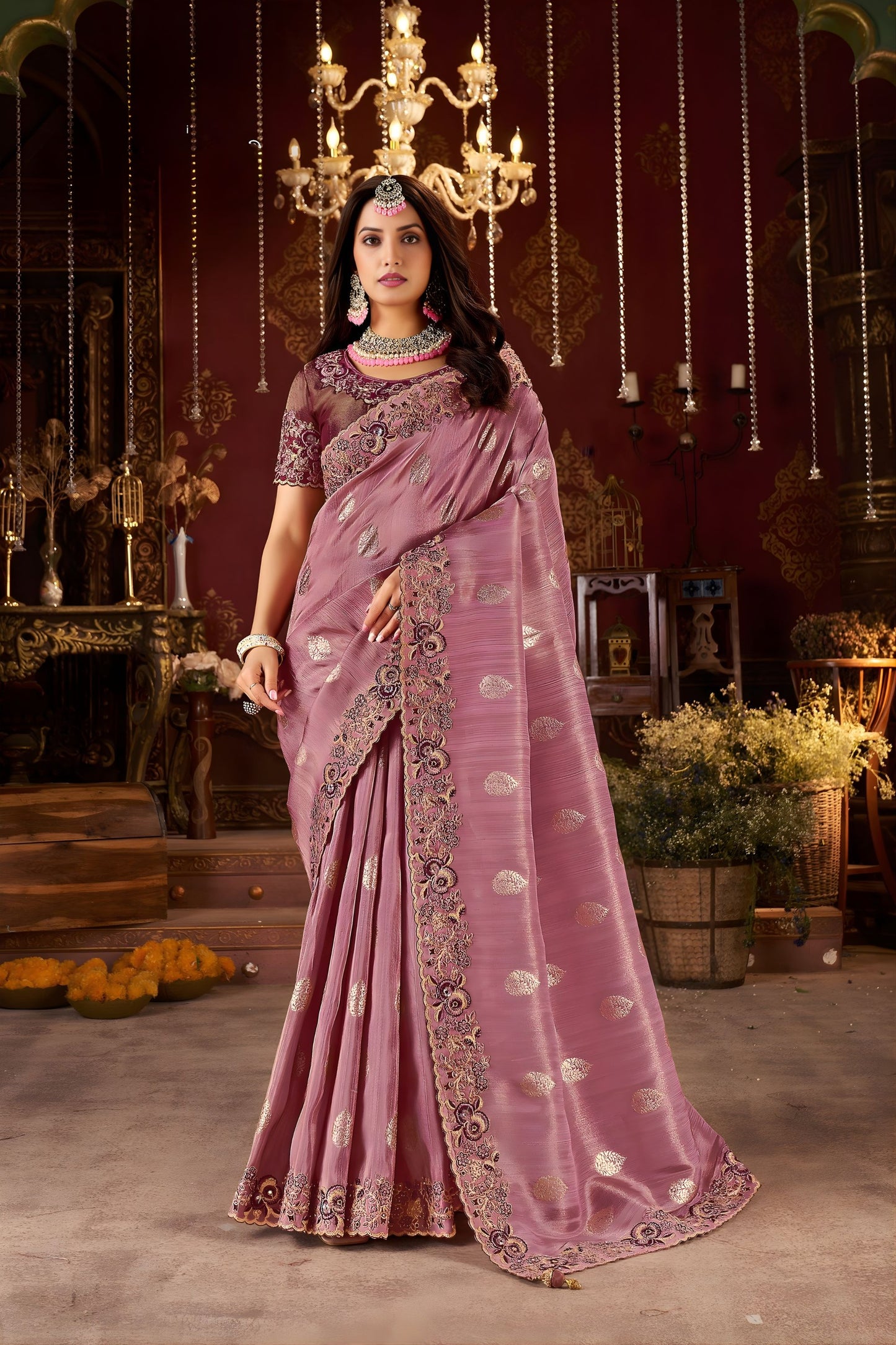 Mauve Pink Embroidered Designer Saree with Matching Blouse