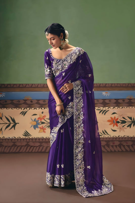 Royal Purple Organza Silk Saree Heavy Silver Zari Embroidery Border