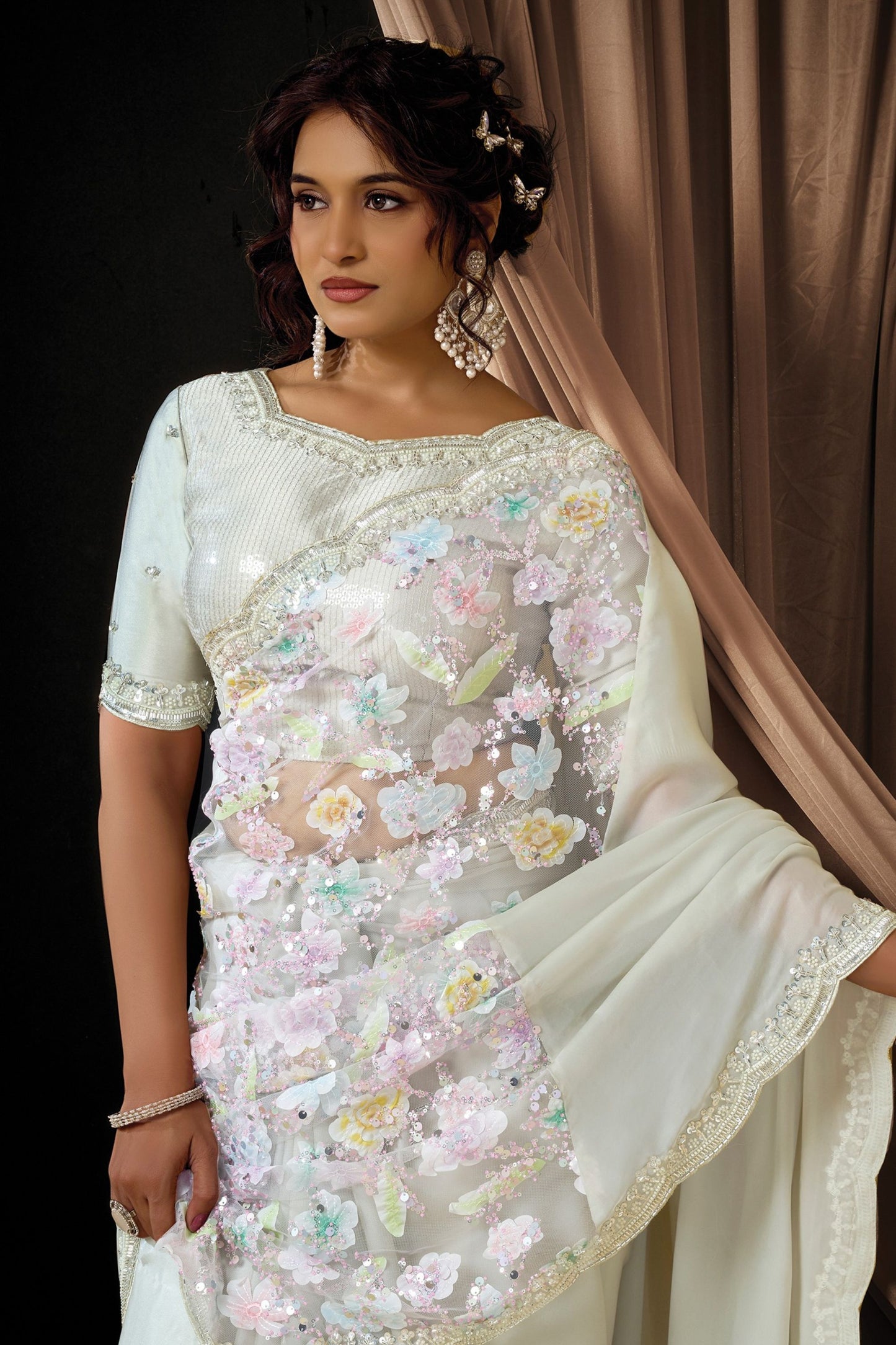 White Floral Embroidered Organza Saree with Designer Blouse