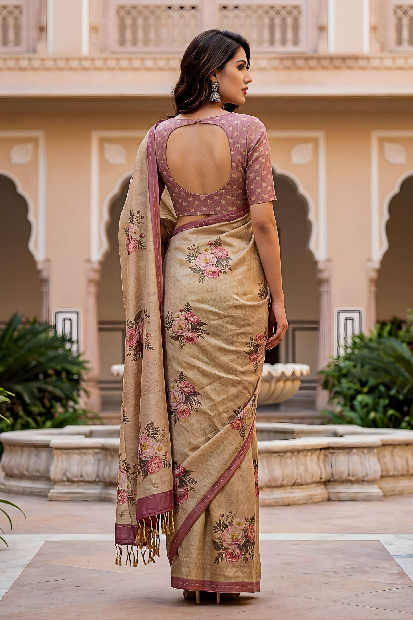 Elegant Beige Floral Printed Linen Silk Saree with Mauve Border
