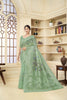 Pastel Green Linen Silk Saree with Blue Floral Digital Print and Zari Woven Border