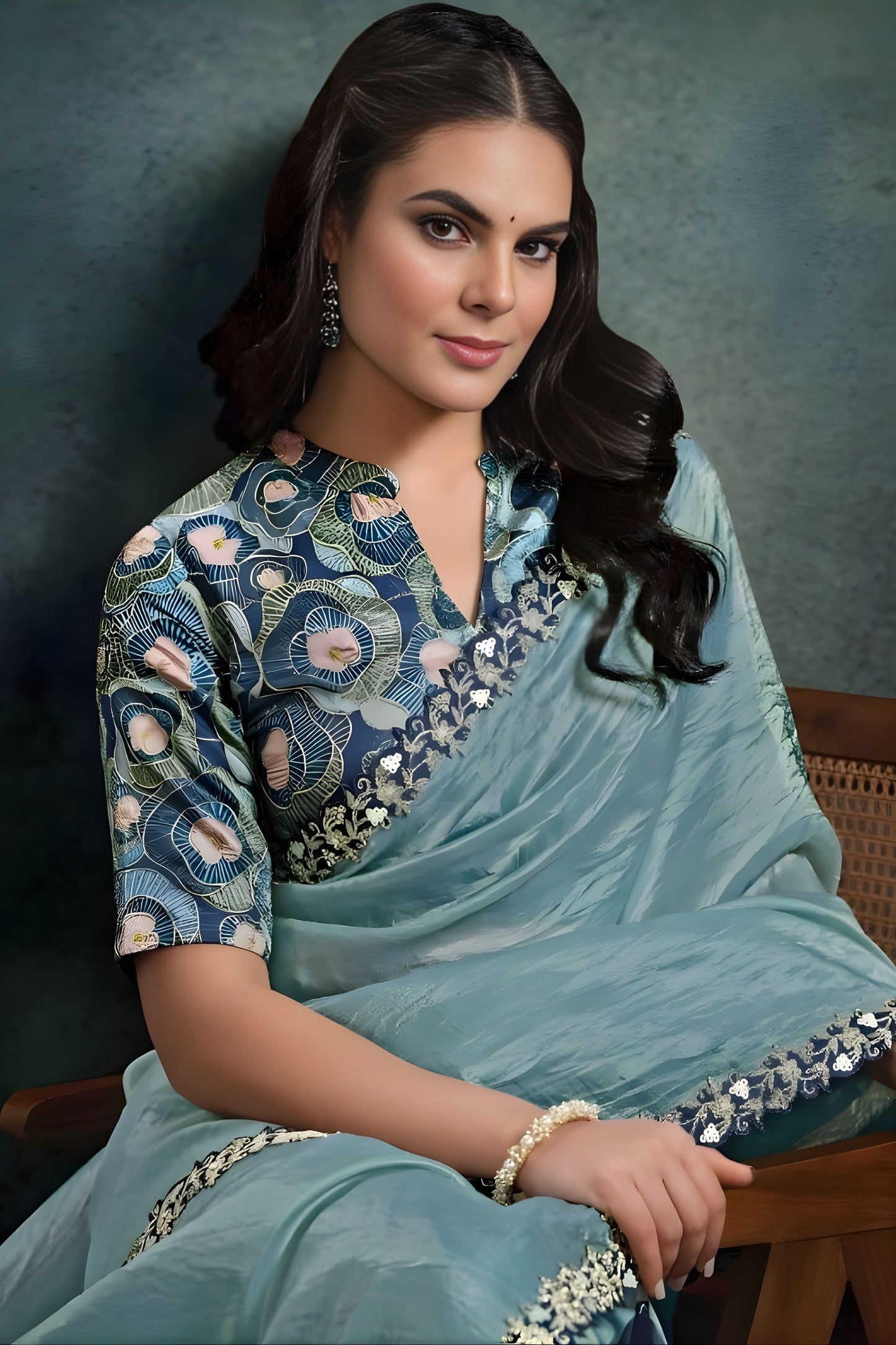 Blue Organza Silk Saree Embroidered Border Designer Printed Blouse