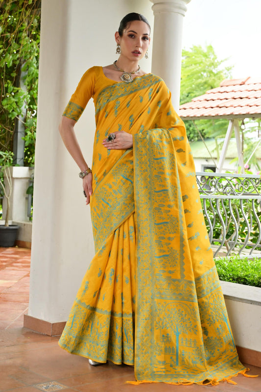 Elegant Mustard Yellow Cotton Silk Saree with Traditional Woven Border