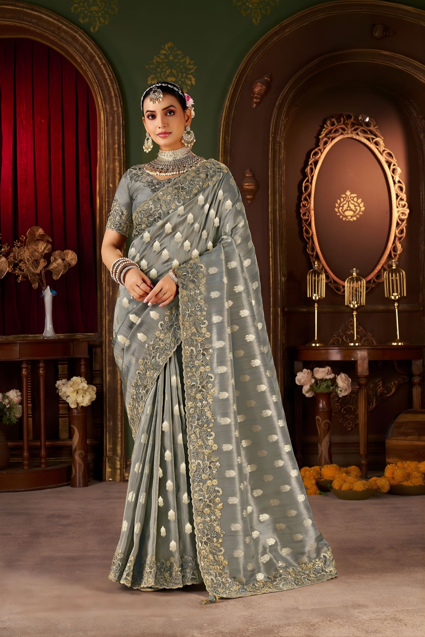 Grey Embroidered Designer Saree with Gold Matching Blouse