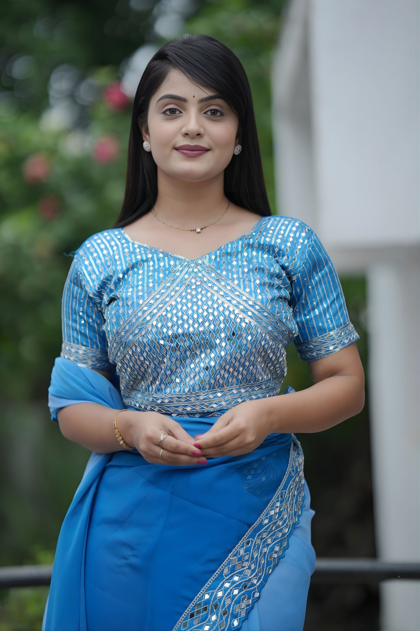 Sky Blue Georgette Saree with Embroidered Border Designer Blouse