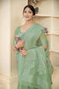Pastel Green Linen Silk Saree with Blue Floral Digital Print and Zari Woven Border