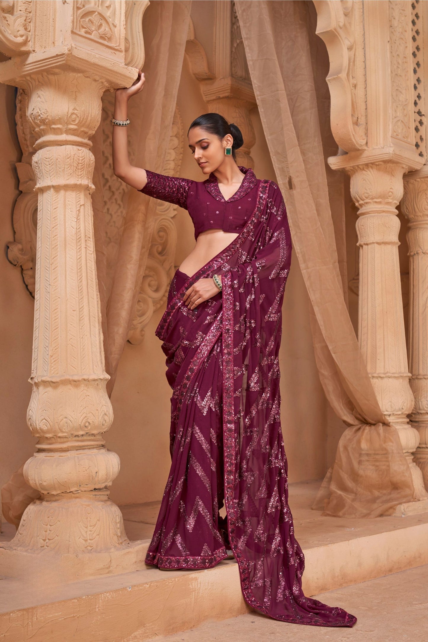 Luxury Wine Georgette Saree Heavy Embroidery Work for Women