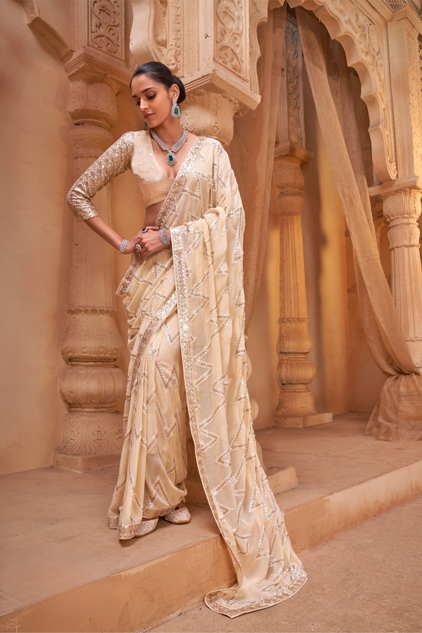 Designer Beige Georgette Saree Heavy Embroidery Work for Women
