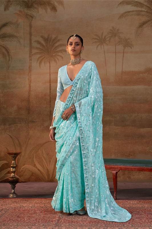 Royal Ice Blue Premium Georgette Saree Sequin Embroidery Work for Women