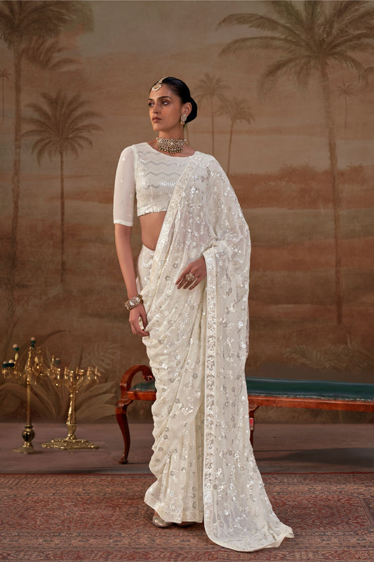 Stylish White Premium Georgette Saree Sequin Embroidery Work for Women