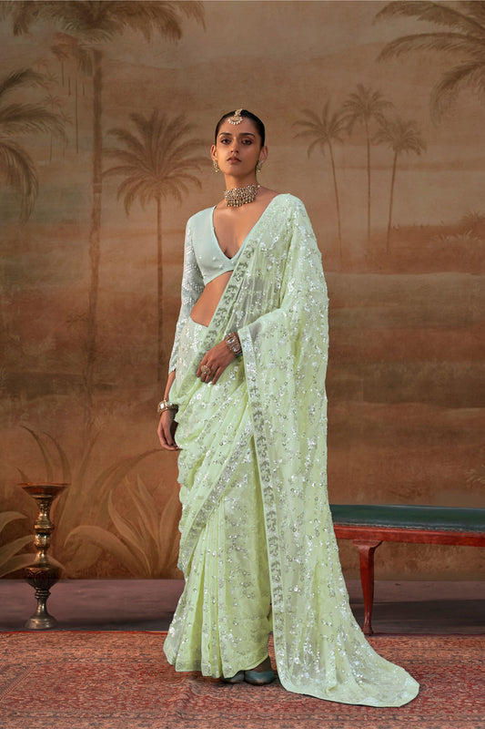 Graceful Pista Green Premium Georgette Saree Sequin Embroidery Work for Women