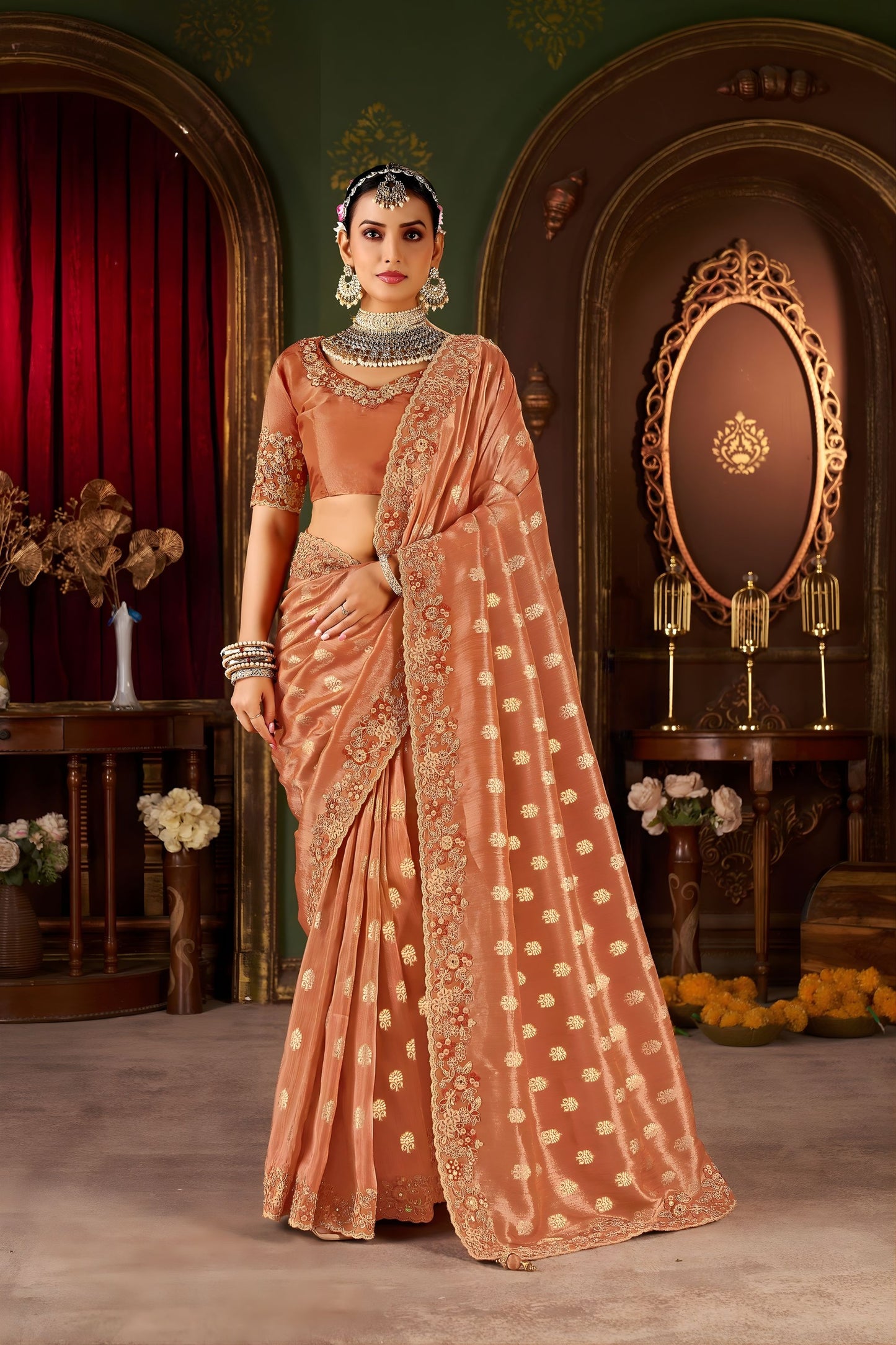 Peach Embroidered Designer Saree with Gold Matching Blouse