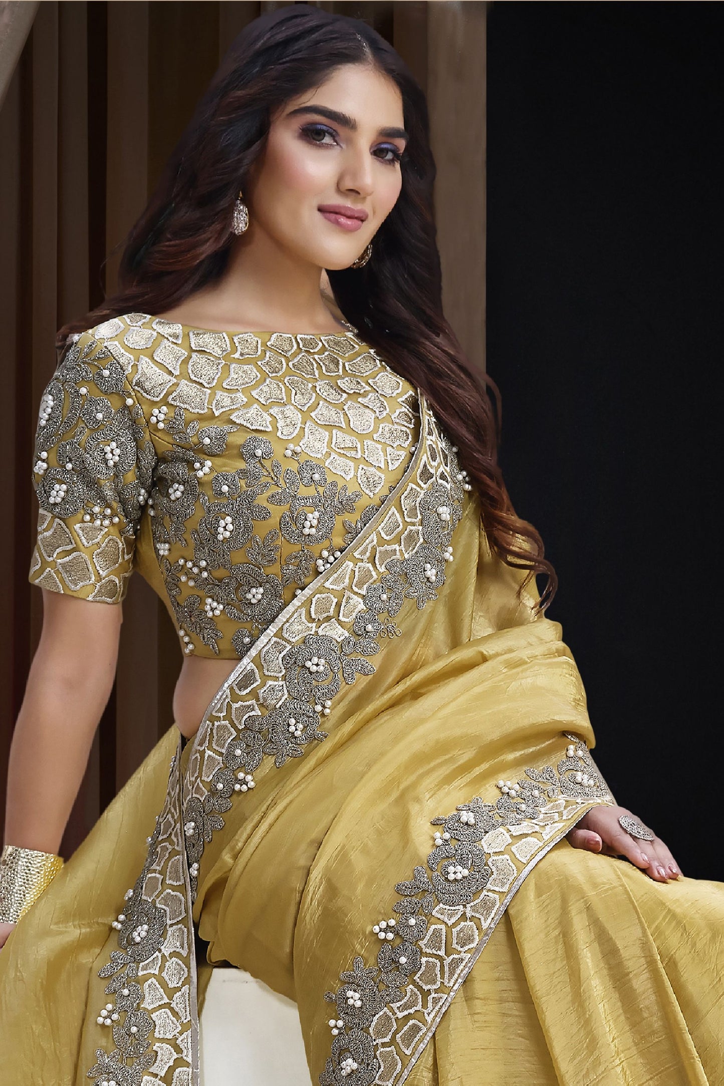 Golden Silk Saree with Heavy Embroidered Border Designer Blouse
