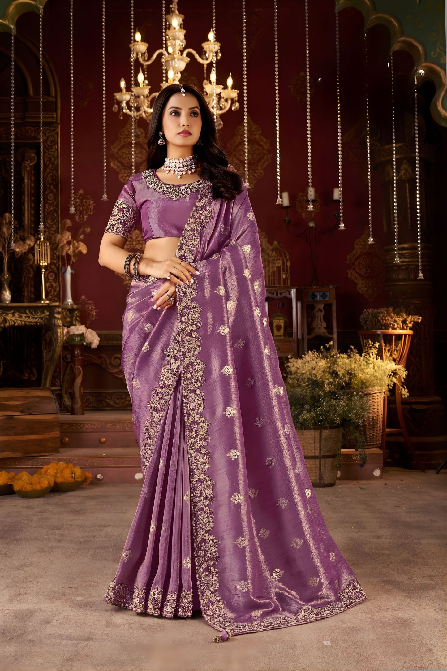 Purple Embroidered Designer Saree with Gold Matching Blouse
