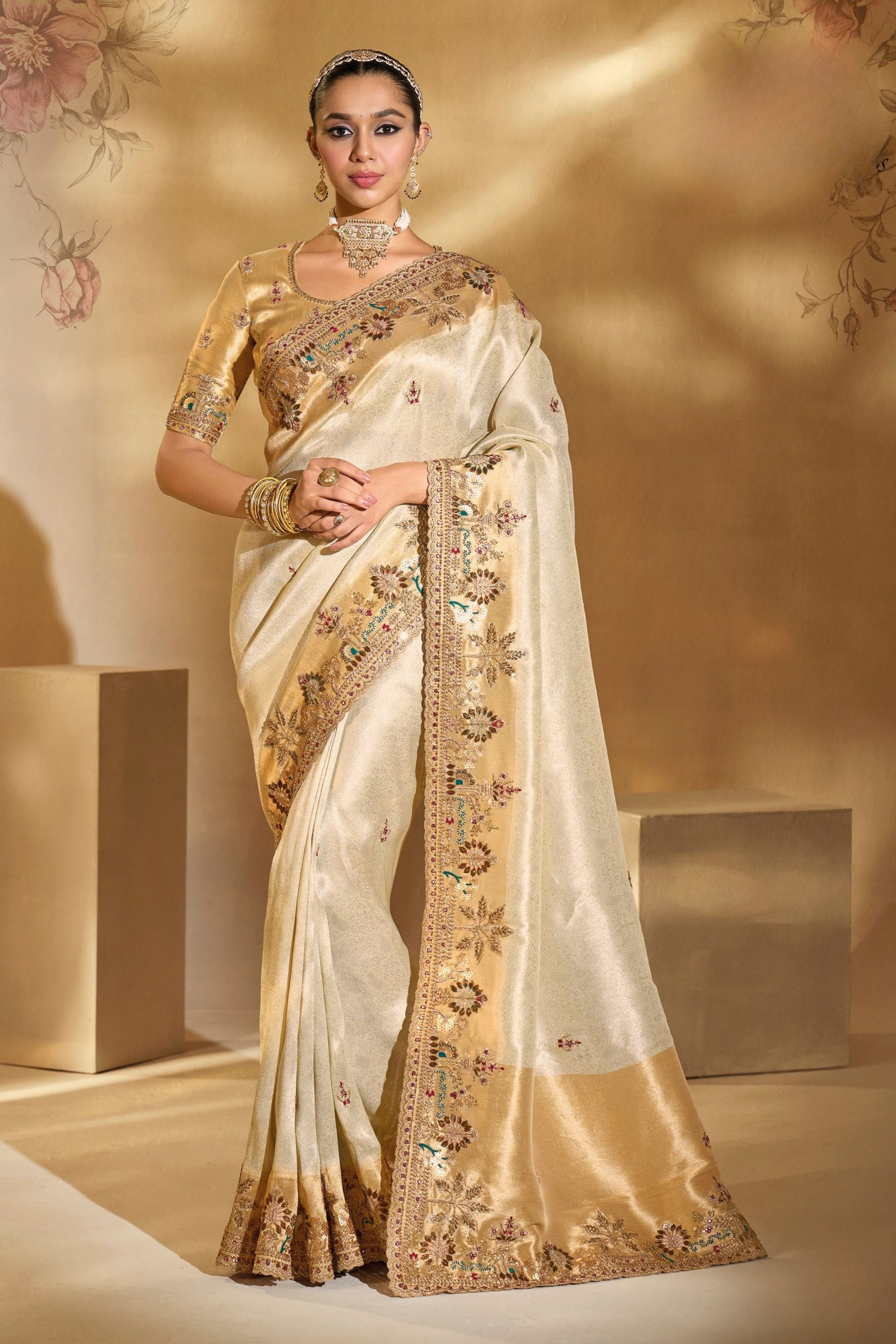Cream Gold Embroidered Silk Saree Festive Ethnic Wear