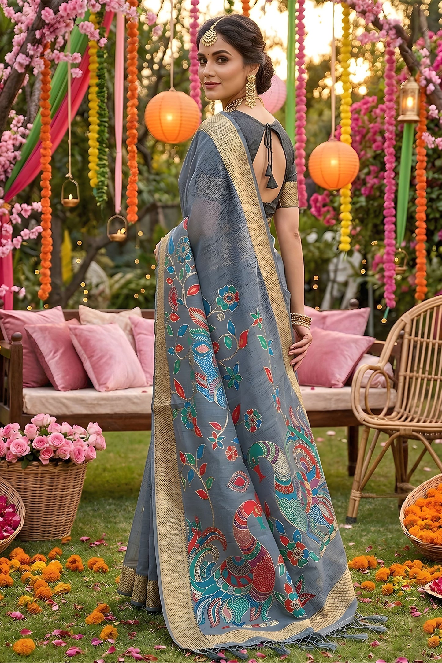 Grey Linen Silk Saree Multicolor Peacock Floral Print Zari Border