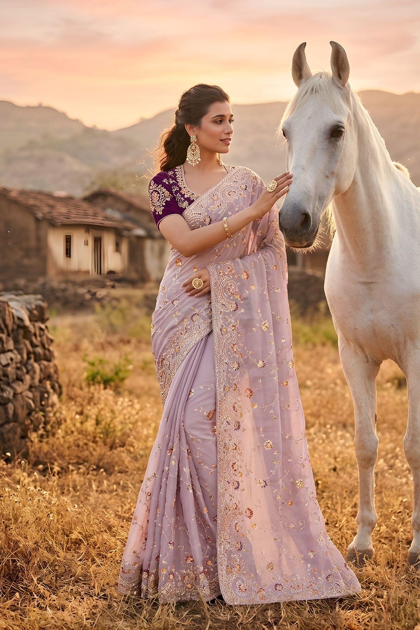 Lavender Embroidered Saree with Designer Border Contrast Blouse