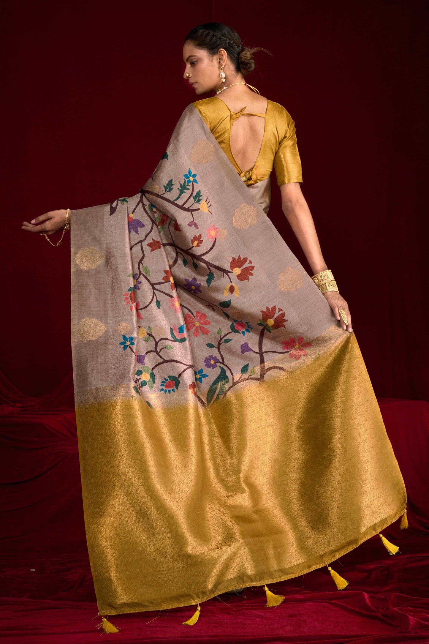 Grey Banarasi Silk Saree with Golden Blouse Festive Wear