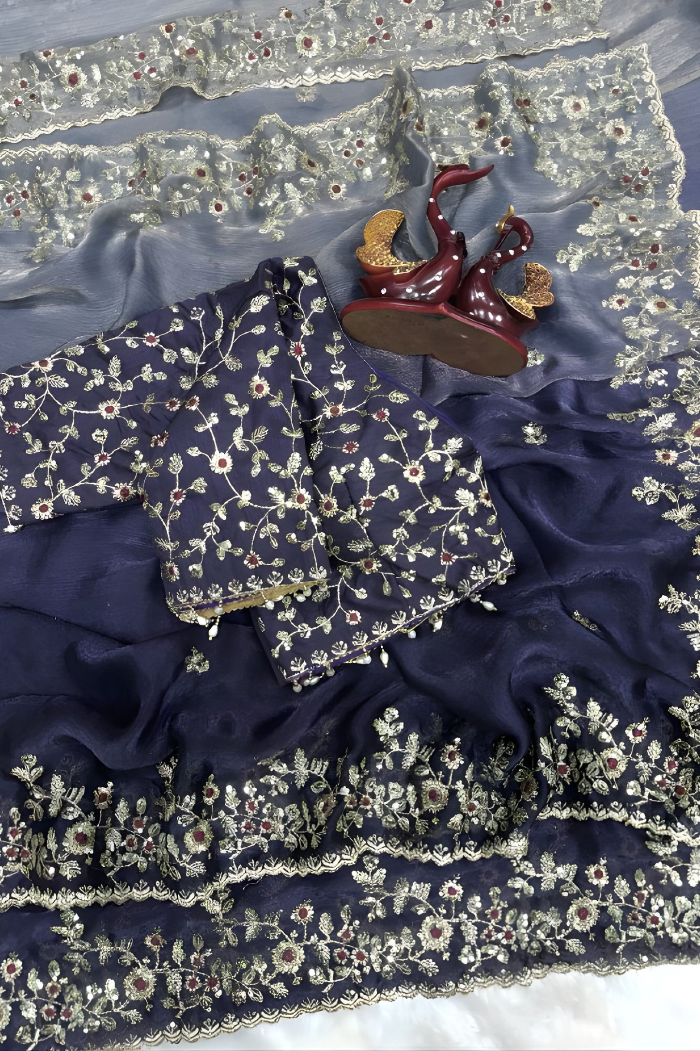 Navy Blue Ombre Organza Silk Saree Floral Embroidery Border