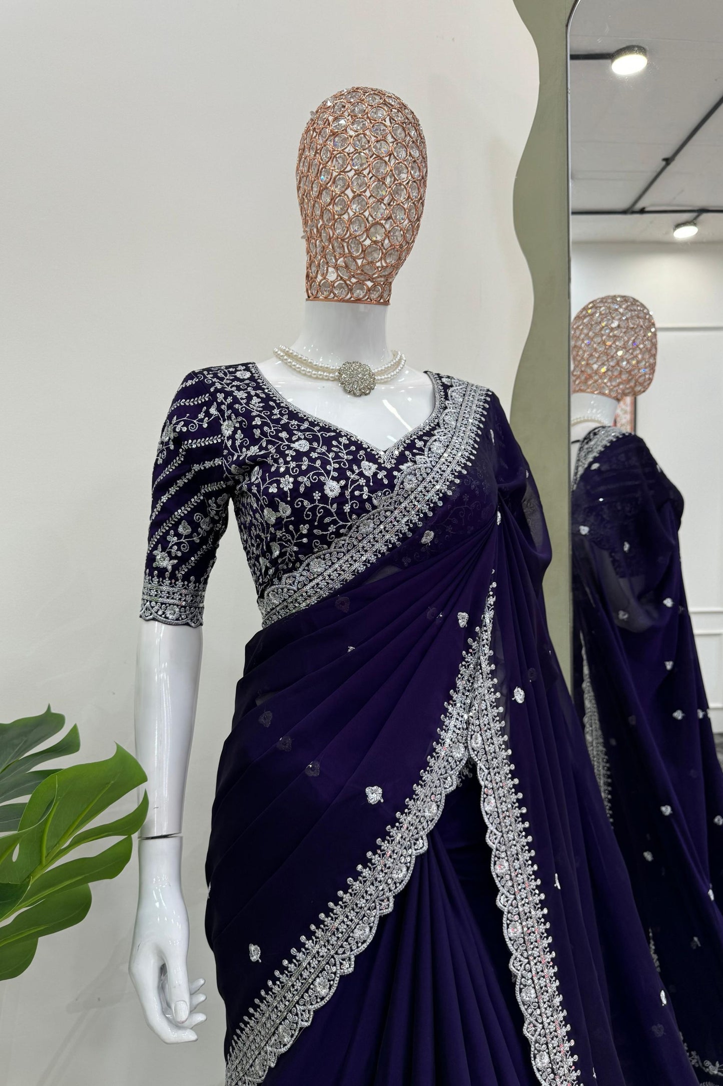 Navy Blue Embroidered Net Designer Saree Sequins Work Blouse