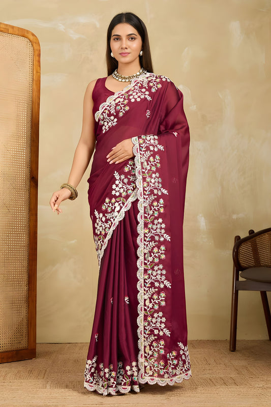 Wine Maroon Embroidered Georgette Saree Heavy Floral Border Designer Blouse
