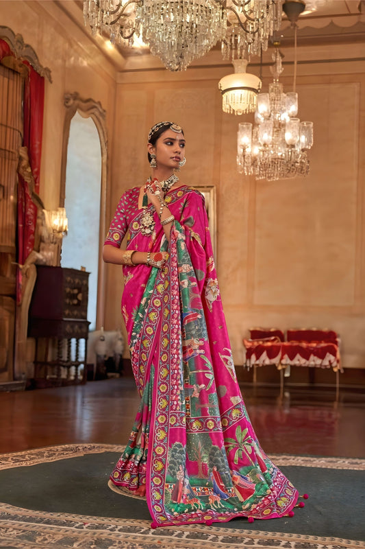 Pink Designer Silk Saree Royal Rajasthani Print Floral Border